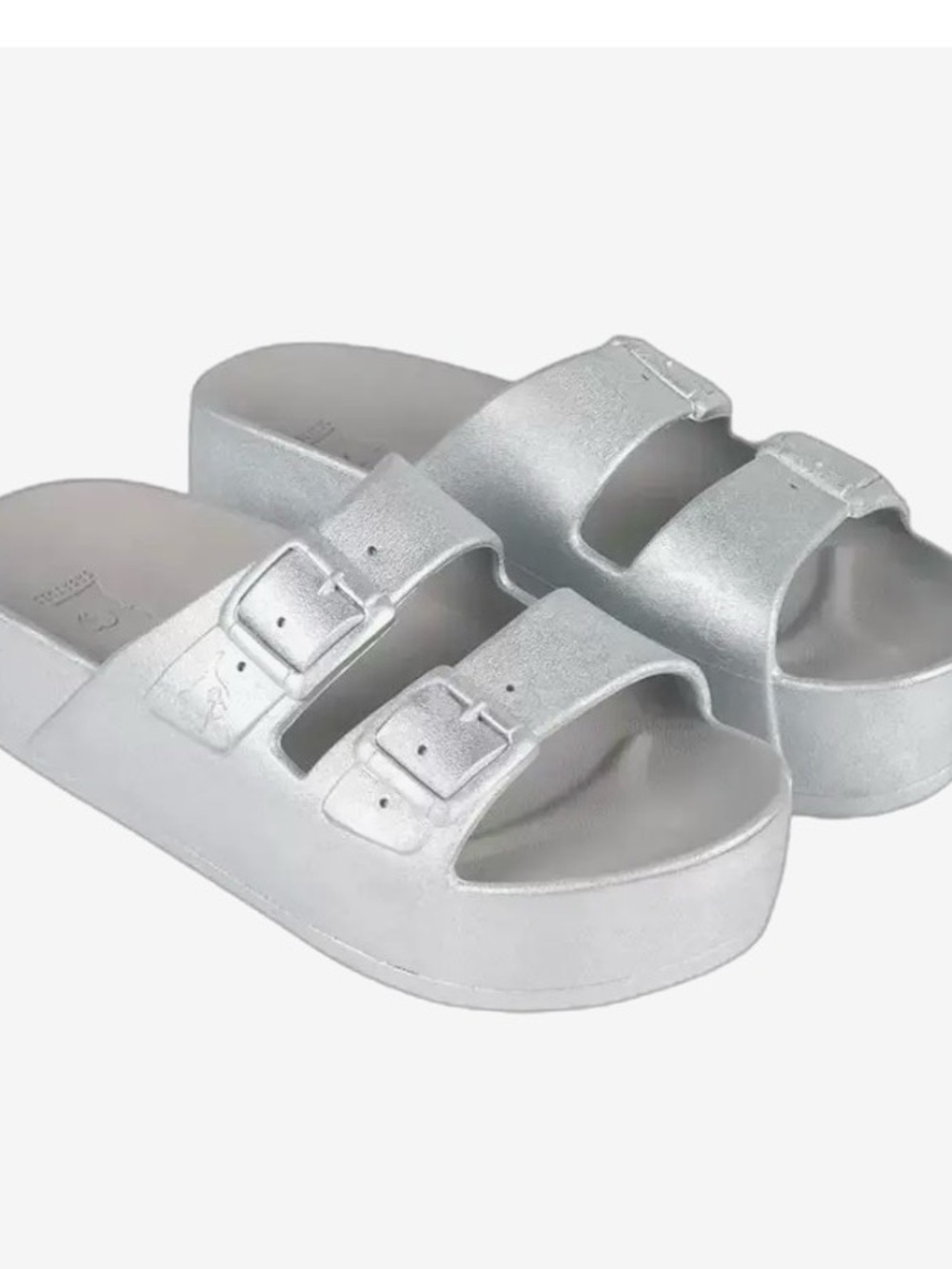 Cacatoes Designer Silver Double-Buckle Platform Slide Sandals. Like new.